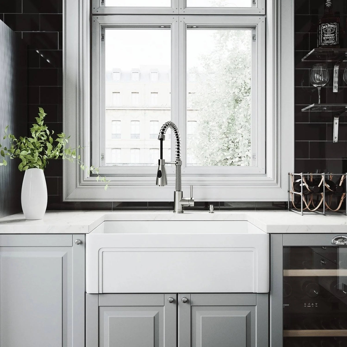 30 in. Matte Stone Farmhouse Kitchen Sink Set with Faucet in Stainless Steel G299811