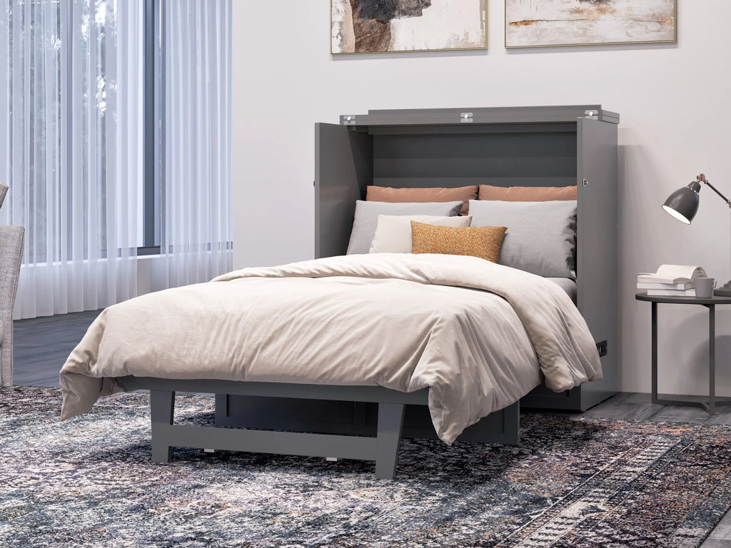Twin XL Solid Wood Murphy Bed Chest with Mattress, Drawer & Charger, Grey W929