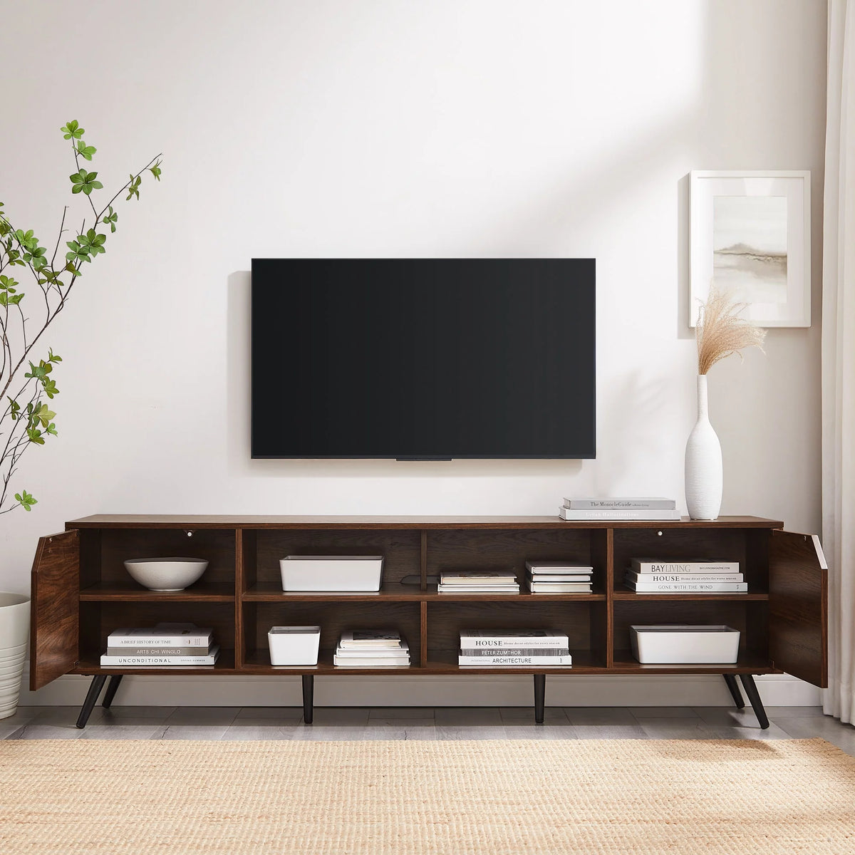 Mid-Century Modern Angle-Door TV Stand, Dark Walnut Y380563