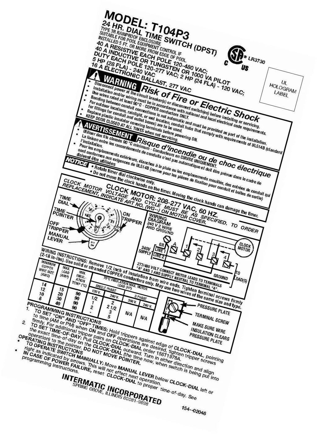 208-277 Volt 24 Hour Mechanical Time Switch P58364