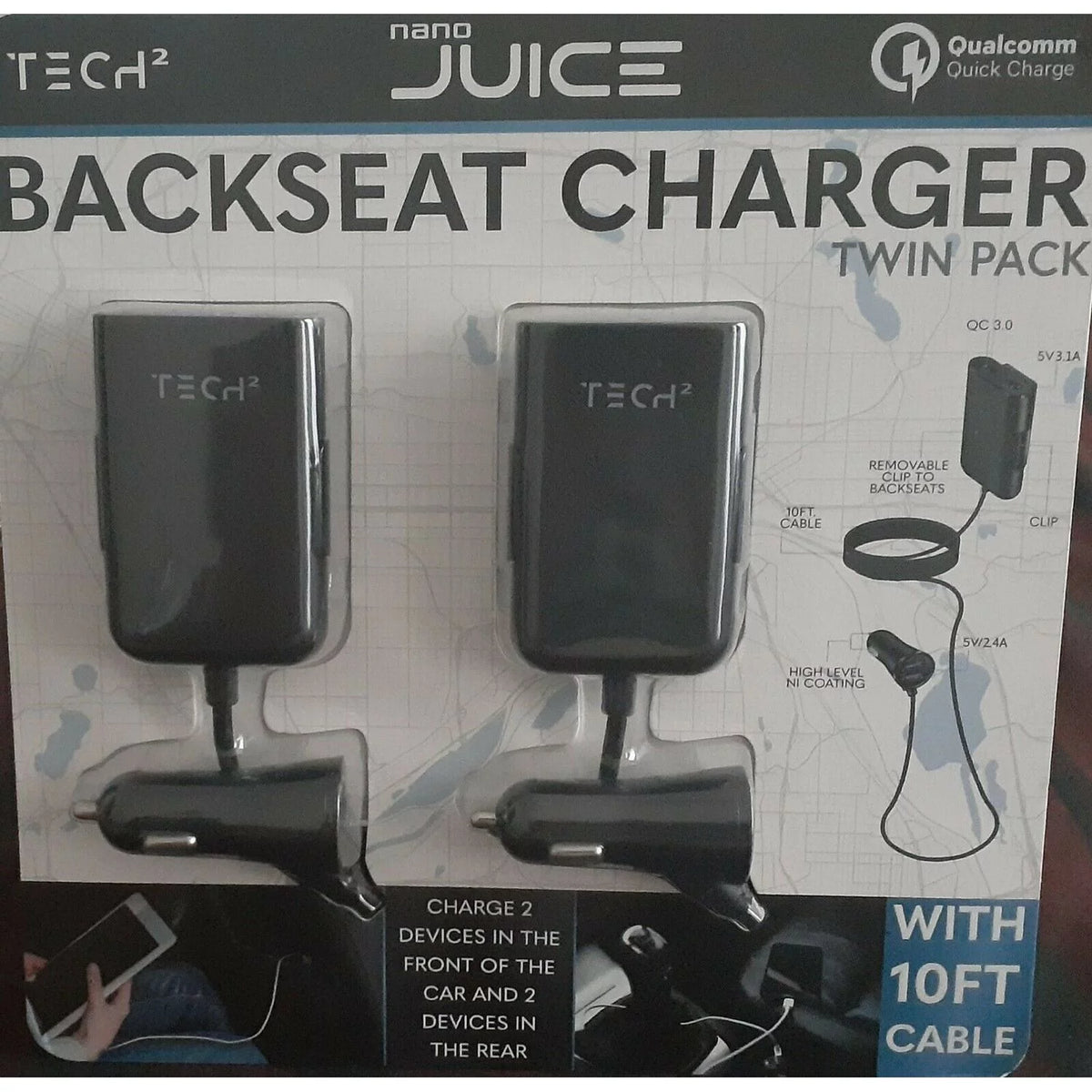 Backseat Car Charger, 4 USB Ports (2pk) W489393