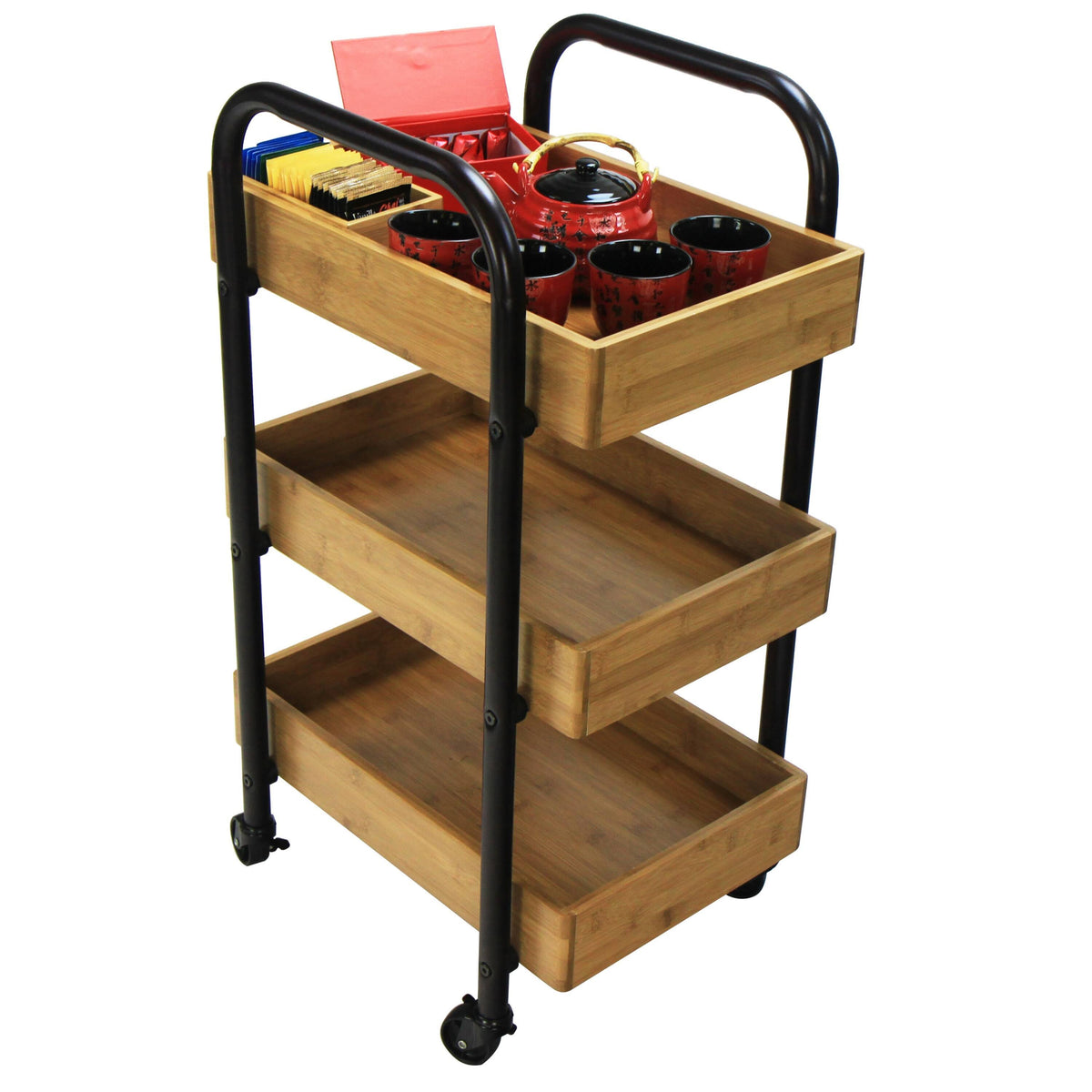 Portable Storage Cart with 3 Removable Bamboo Trays I6429