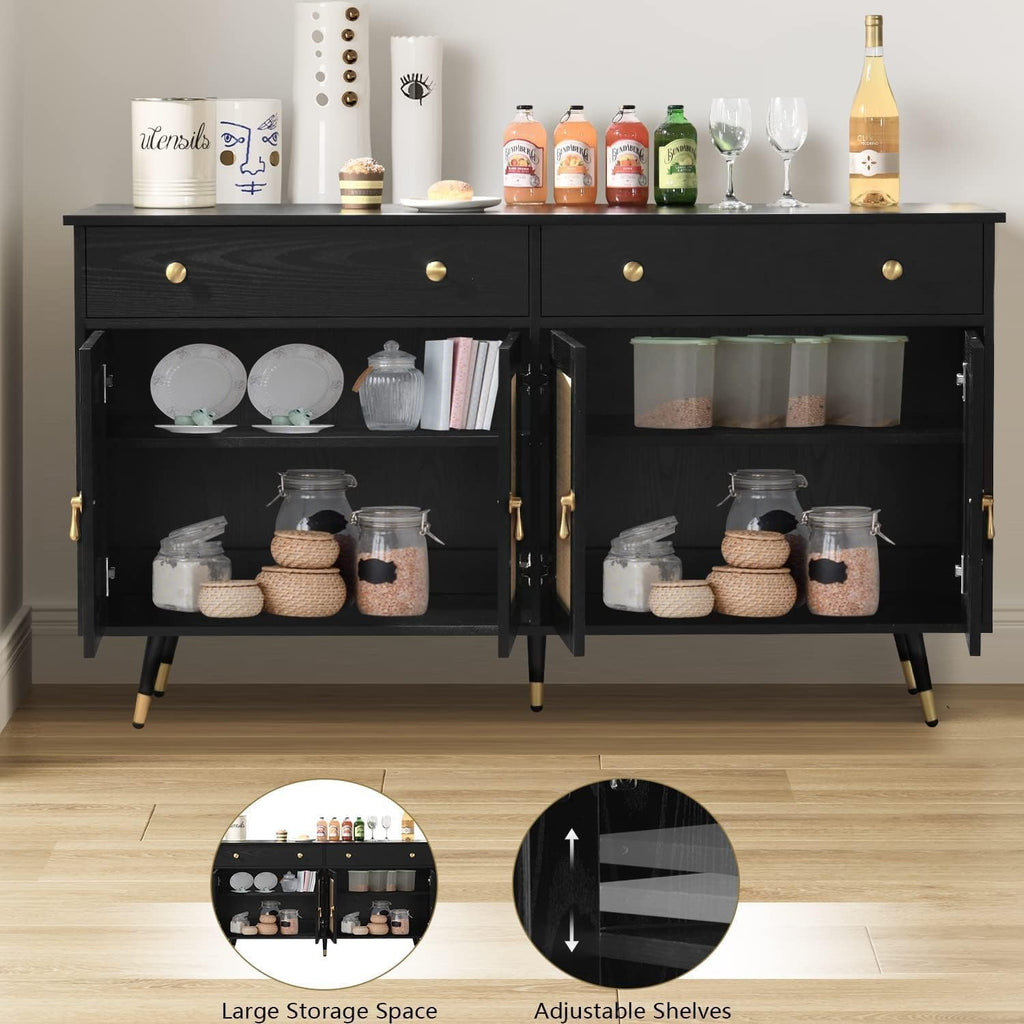 Black Sideboard Storage Cabinet with 4 Rattan Doors and 2 Drawers T833344