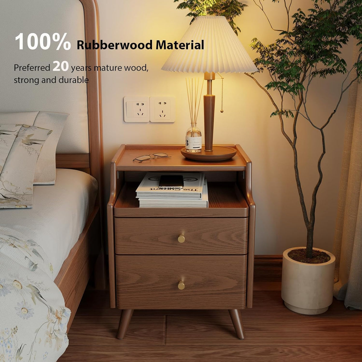Walnut Solid Wood Nightstand with Drawers K241