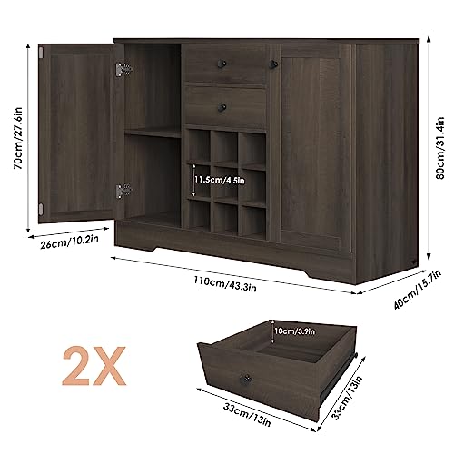 Dark Brown Buffet Sideboard with 2 Drawers and Adjustable Shelves L49878