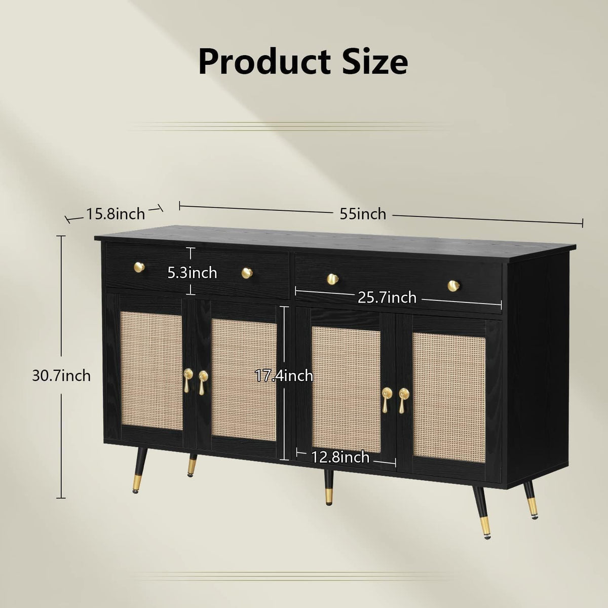 Black Sideboard Storage Cabinet with 4 Rattan Doors and 2 Drawers T833344