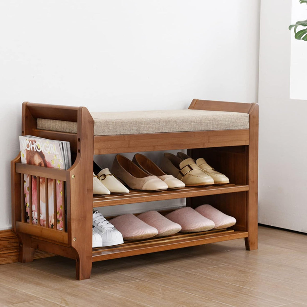 2 Tier Bamboo Shoe Bench with Seat Cushion S2516
