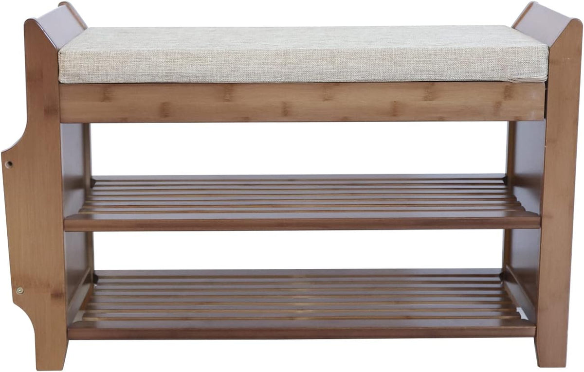 2 Tier Bamboo Shoe Bench with Seat Cushion S2516