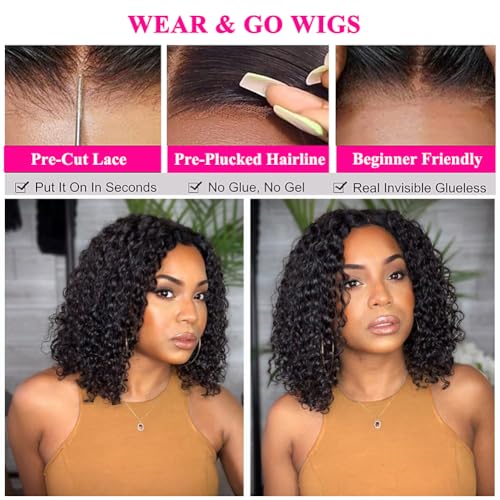 Glueless Human Hair Deep Wave Bob Wig 4x4 Curly Lace Front Wig 180% Density 10 Inch E334