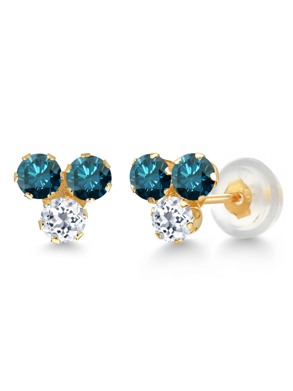 14K Yellow Gold Blue Diamond and White Topaz Three Stone Stud Earrings A731522