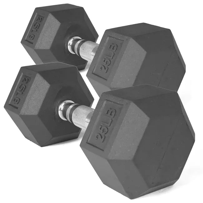 25 LB Pair Black Rubber Coated Hex Dumbbell U152