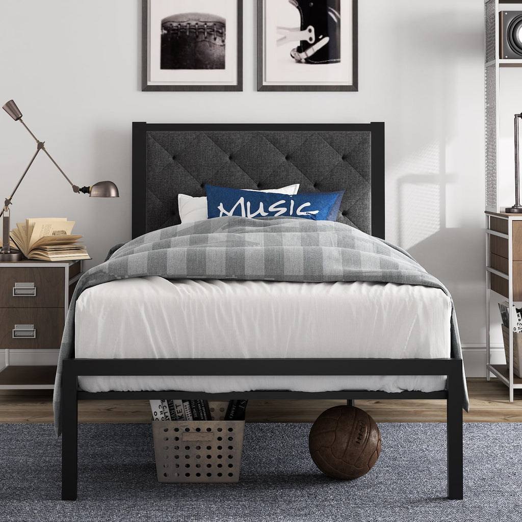 Twin Size Metal Bed Frame with Upholstered Headboard N7741