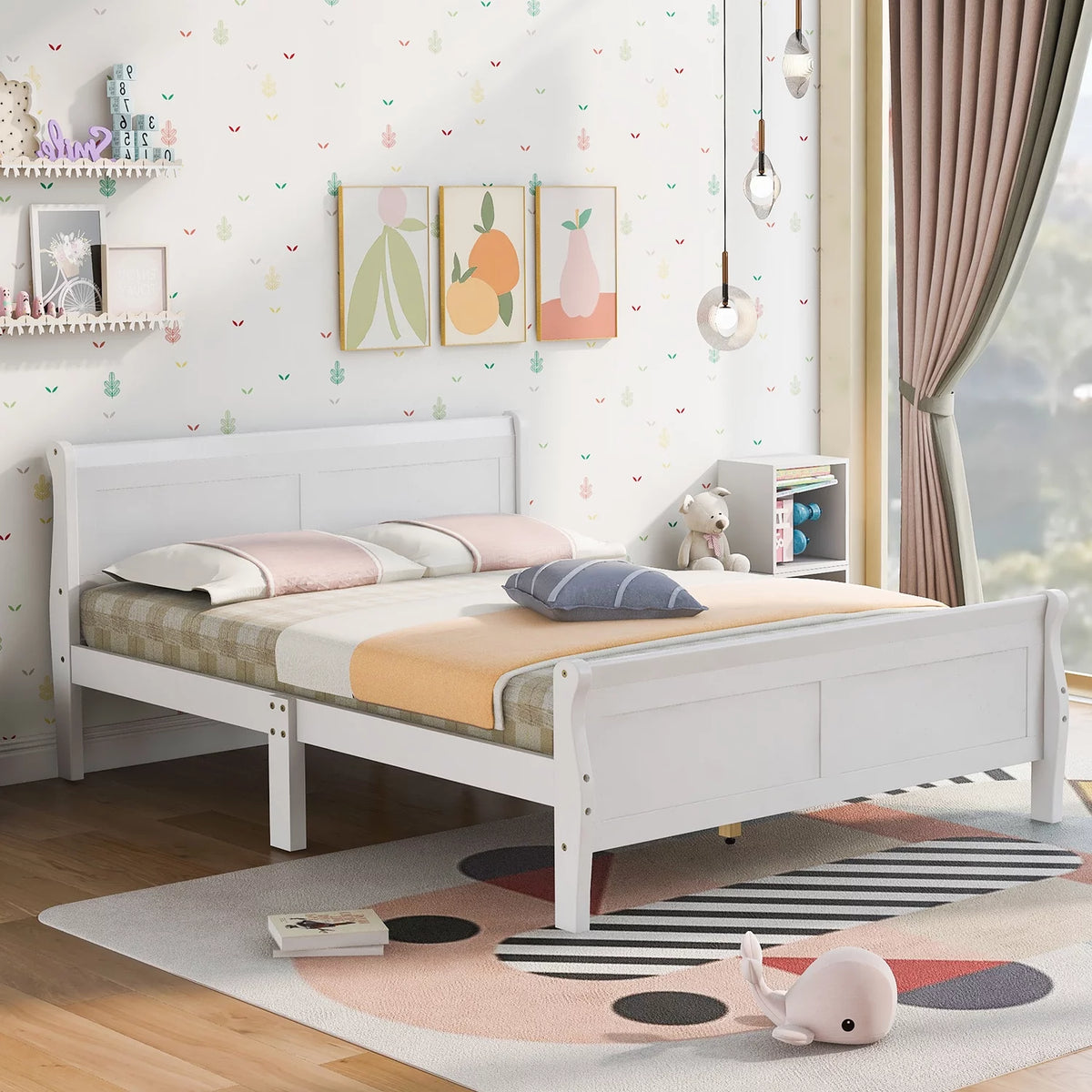 White Full Size Platform Bed Frame with Wood Headboard and Footboard E85039