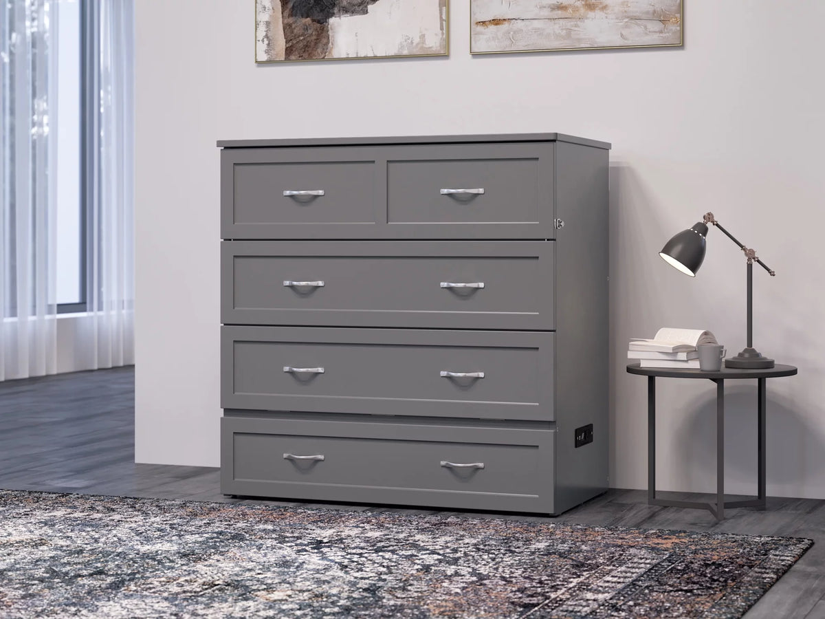 Twin XL Solid Wood Murphy Bed Chest with Mattress, Drawer & Charger, Grey W929