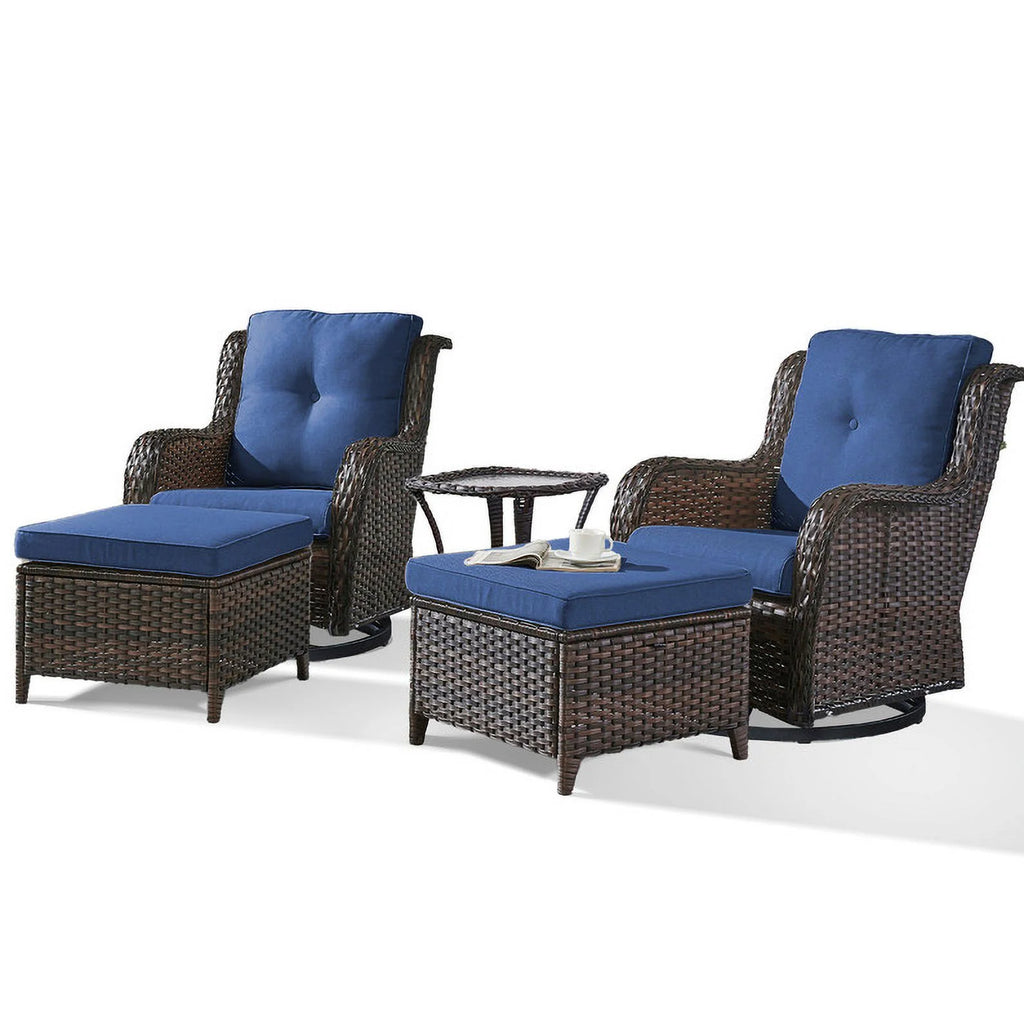 5-Piece Wicker Outdoor Conversation Set with Blue Cushions F39557