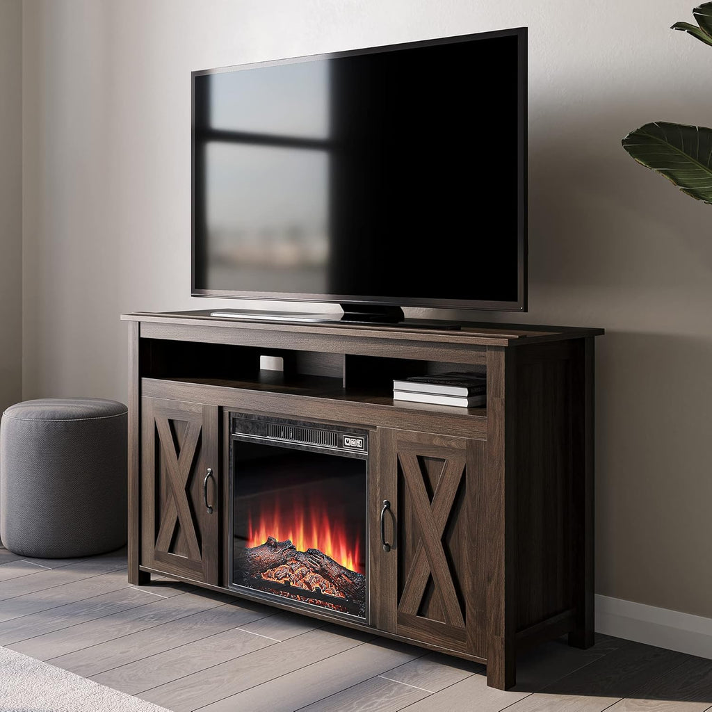Barn Door Wood Electric Fireplace TV Stand with Two Open Shelves and Cabinets U1344