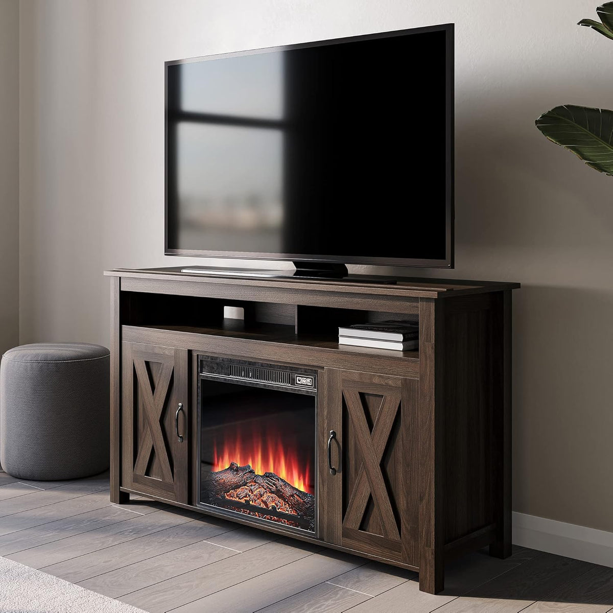 Barn Door Wood Electric Fireplace TV Stand with Two Open Shelves and Cabinets U1344
