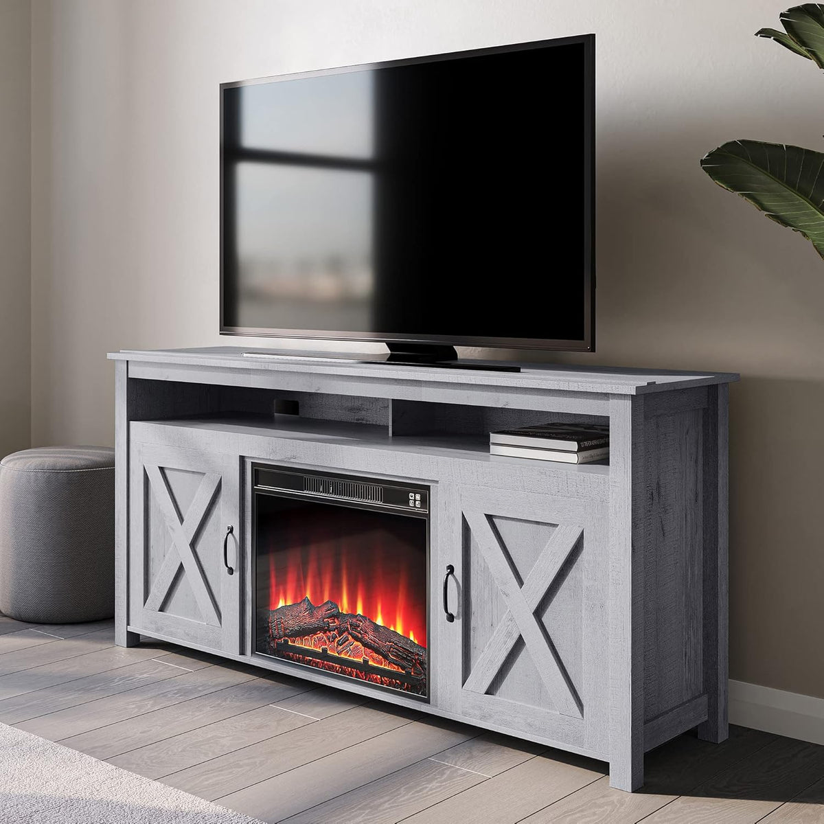 Barn Door Wood Electric Fireplace TV Stand with Two Open Shelves and Cabinets U1344