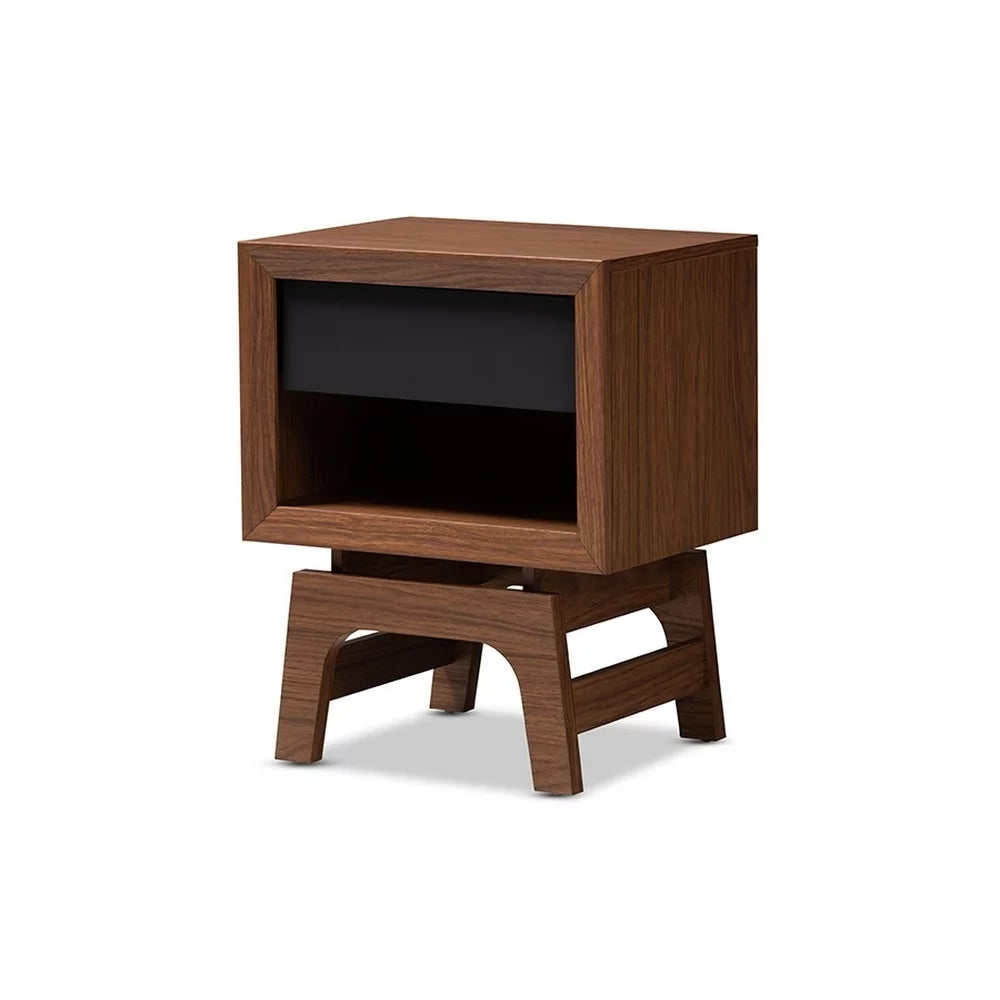Walnut Brown and Dark Gray Wood 1-Drawer Nightstand D494758