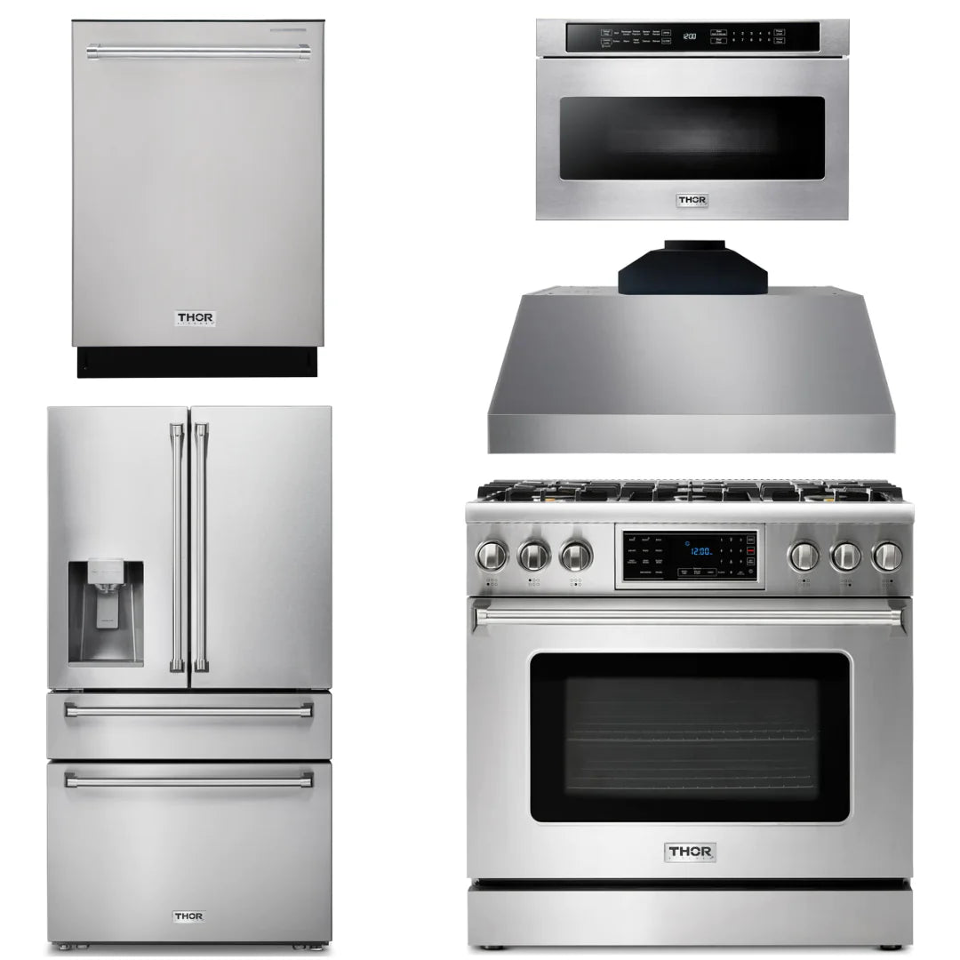 36 Gas Range, Range Hood, Microwave, Refrigerator with Water and Ice Dispenser, Dishwasher W756760