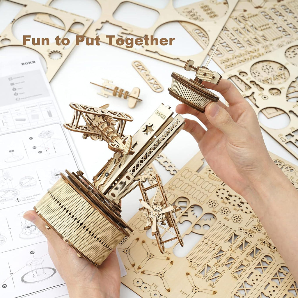 3D Wooden Puzzles Music Box DIY Model Craft Kits Mechanical Airplane-Control Tower I217287