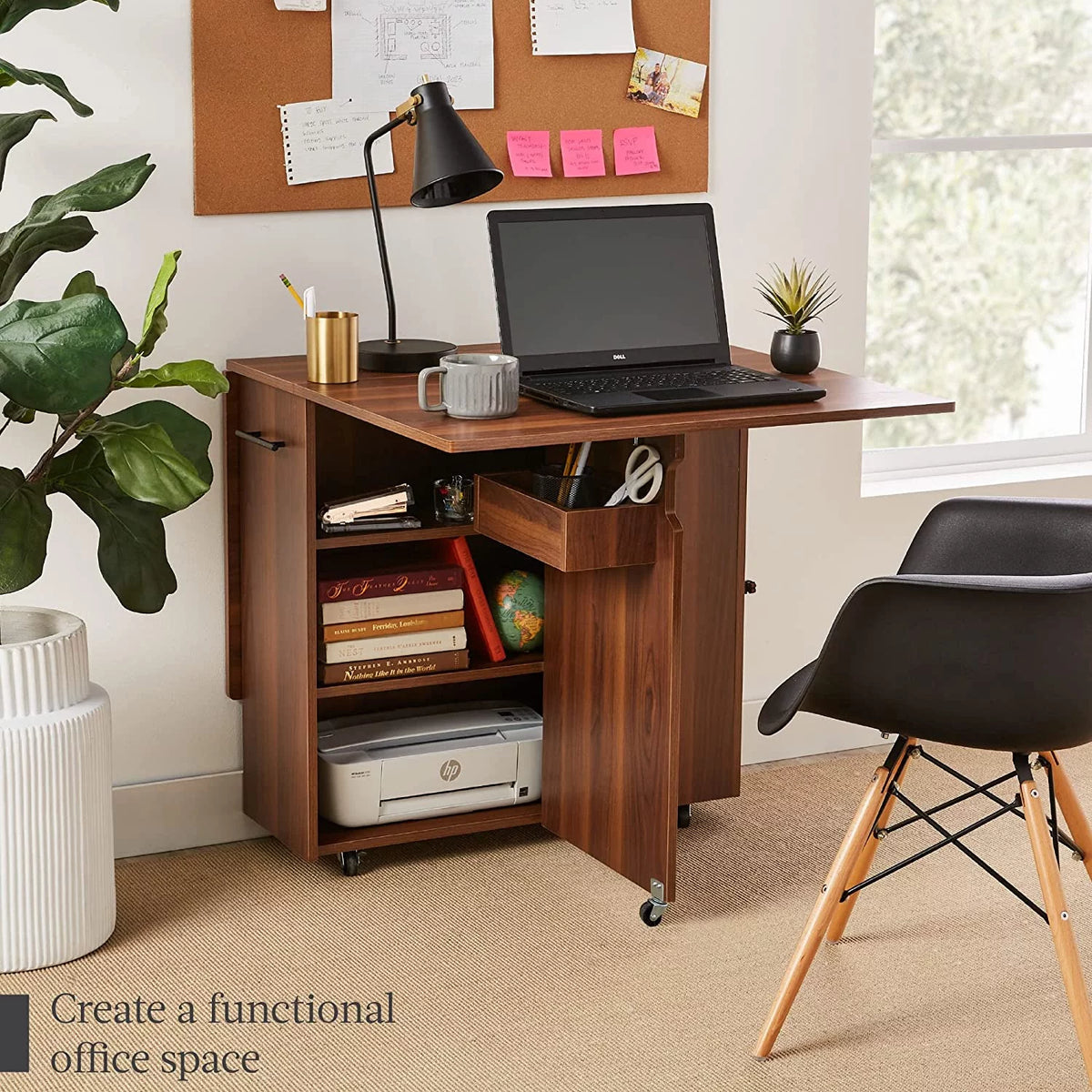 Folding Drop Leaf Dining Table with Wheels and 3 Storage Shelves Brown D32597