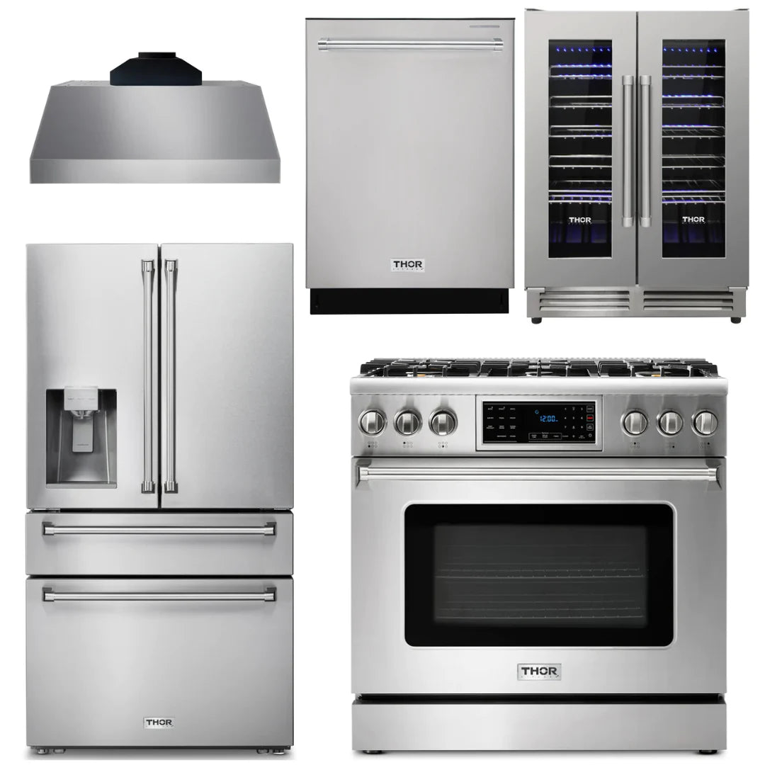 36 Gas Range, Range Hood, Refrigerator, Dishwasher, Wine Cooler E591179