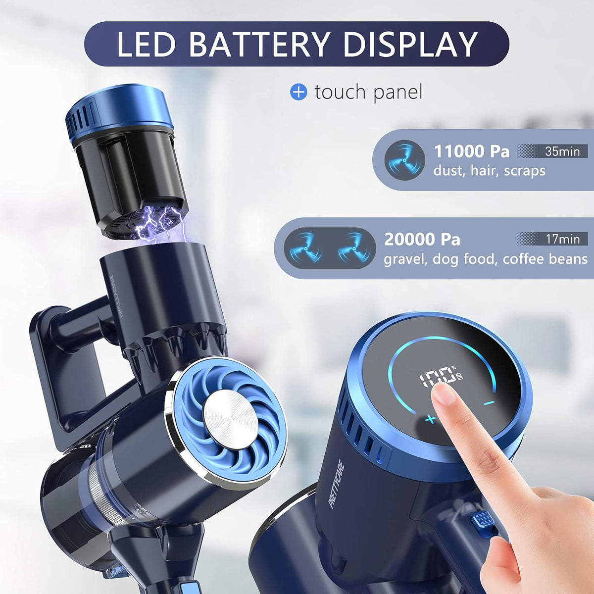 Cordless Stick Vacuum Cleaner with LED Touch Display, 20KPA, 2600mAh Detachable Battery, 4 in 1 Lightweight Rechargeable Handheld F777316