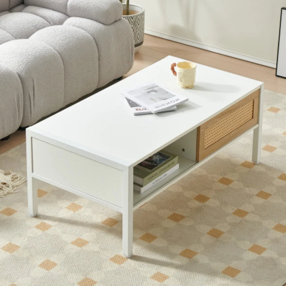 40.16" White Rattan Coffee Table with Storage Z175