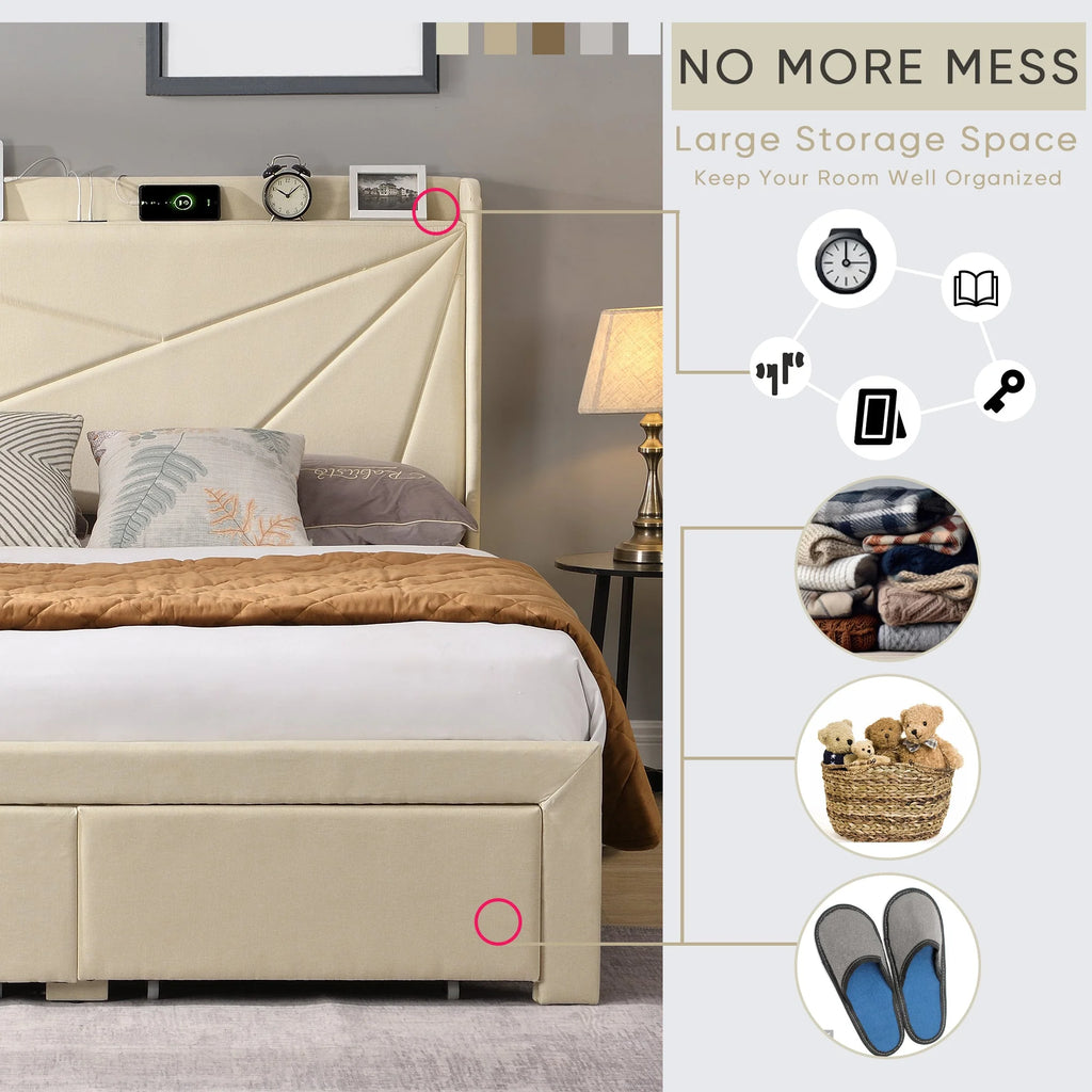 Beige Full Size Bed Frame with 2 Storage Drawers P556998