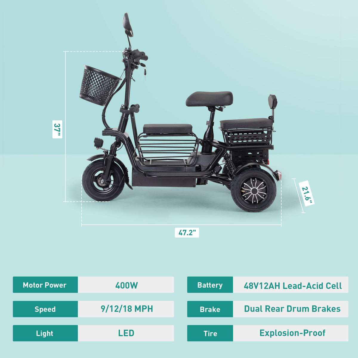 Black Folding Electric Tricycle with 48V 400W Lithium Battery K37947