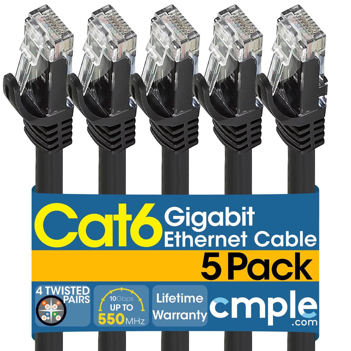 5 Pack 10 Feet Black Cat6 Ethernet Cable H34718