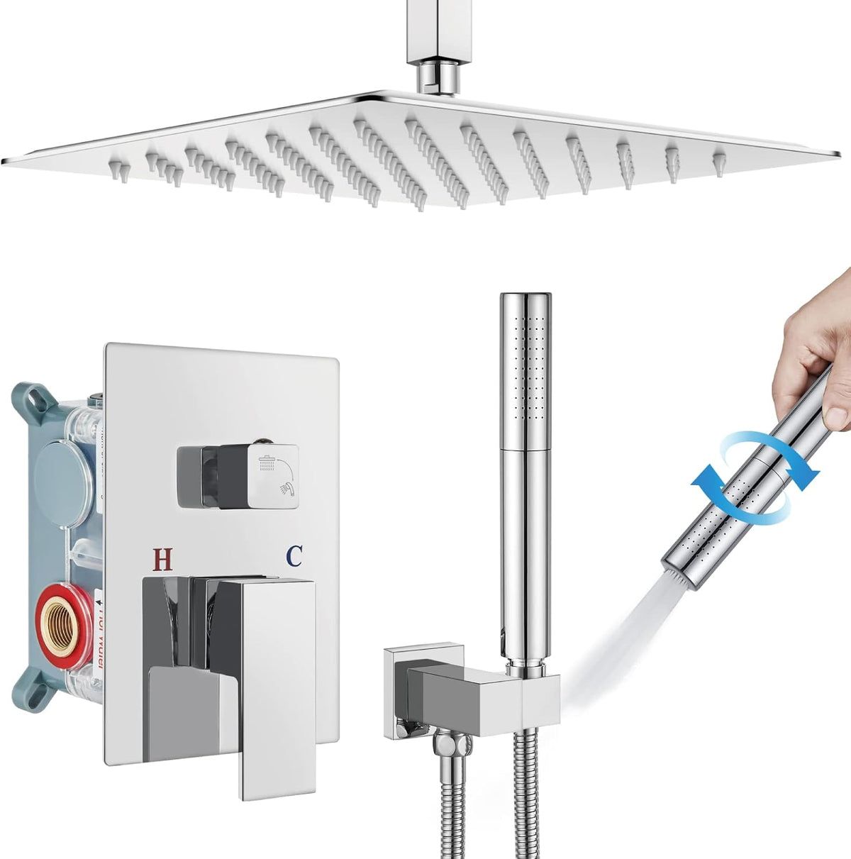 Chrome Polished 12 Inch Square Rainfall Shower System SUS304 Stainless Steel Shower Trim Kit 2 in 1 Handheld Shower with Rough-in Valve R641