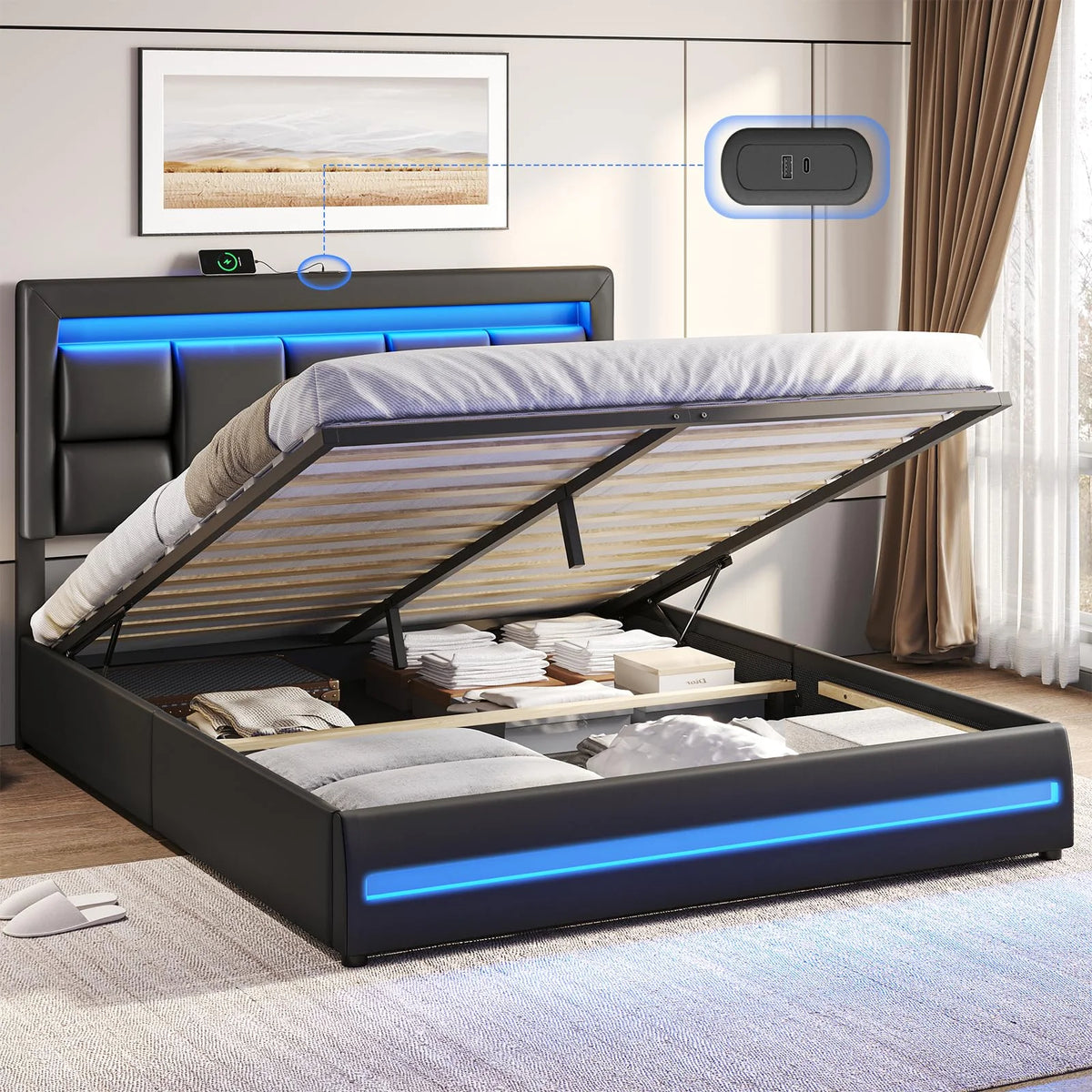 Queen Size Lift Up Storage Upholstered Platform Bed Frame with Charging Ports and LED Lights Y33100