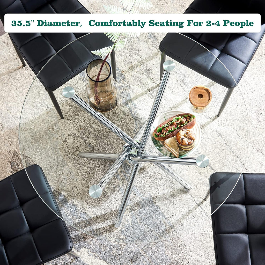 Round Glass Dining Table with Tempered Glass Top and Chrome Plated Metal Legs Y139