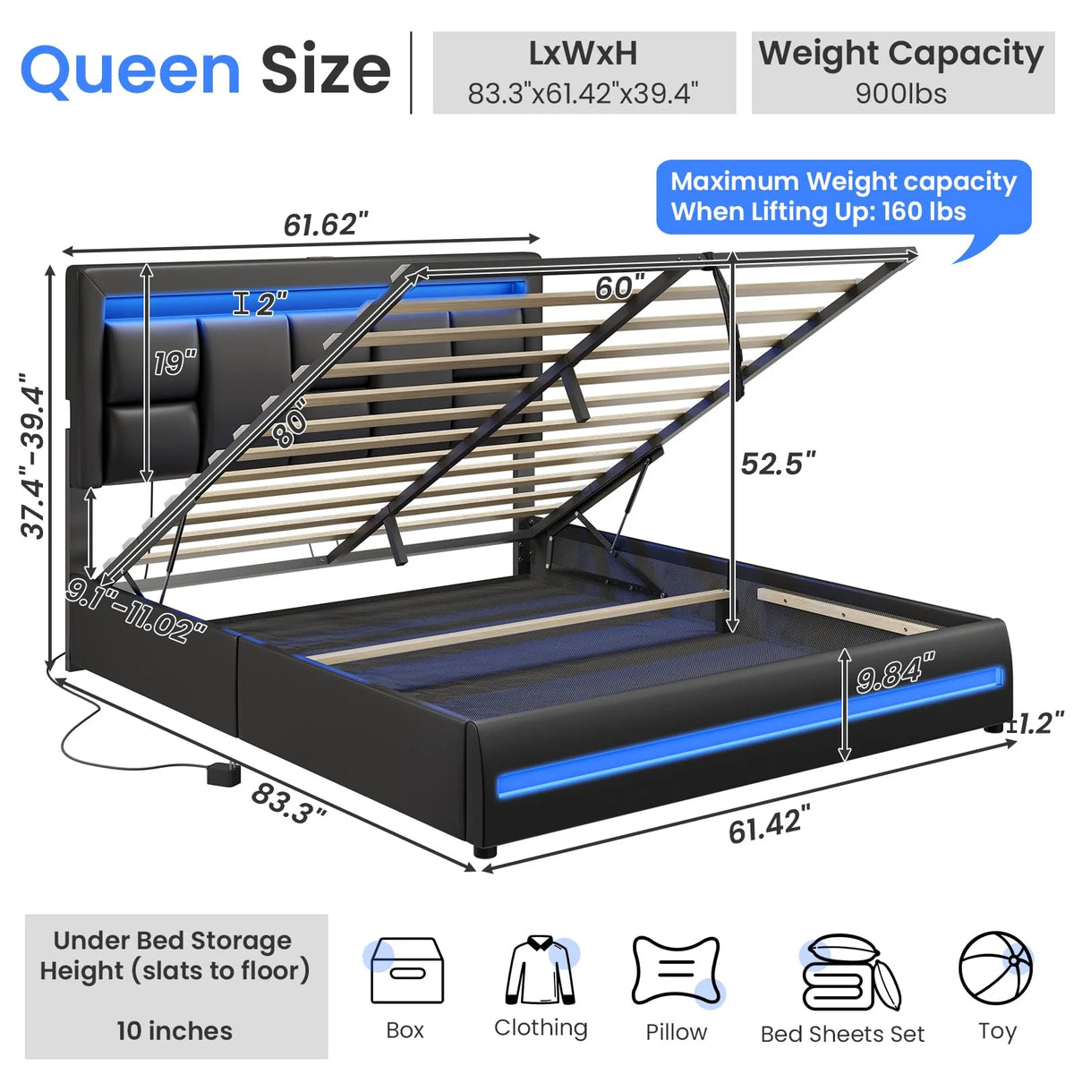 Queen Size Lift Up Storage Upholstered Platform Bed Frame with Charging Ports and LED Lights Y33100
