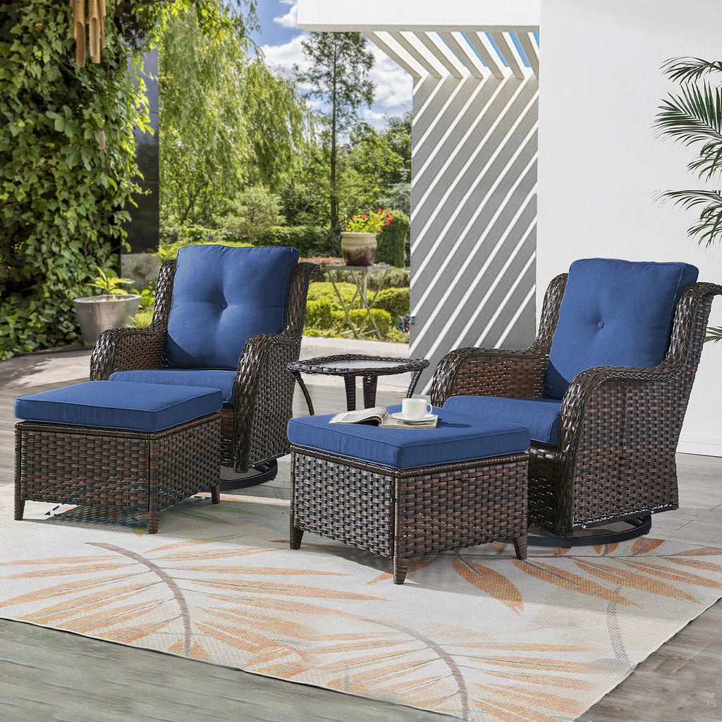 5-Piece Wicker Outdoor Conversation Set with Blue Cushions F39557