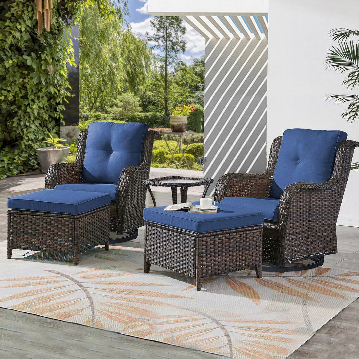 5-Piece Wicker Outdoor Conversation Set with Blue Cushions F39557