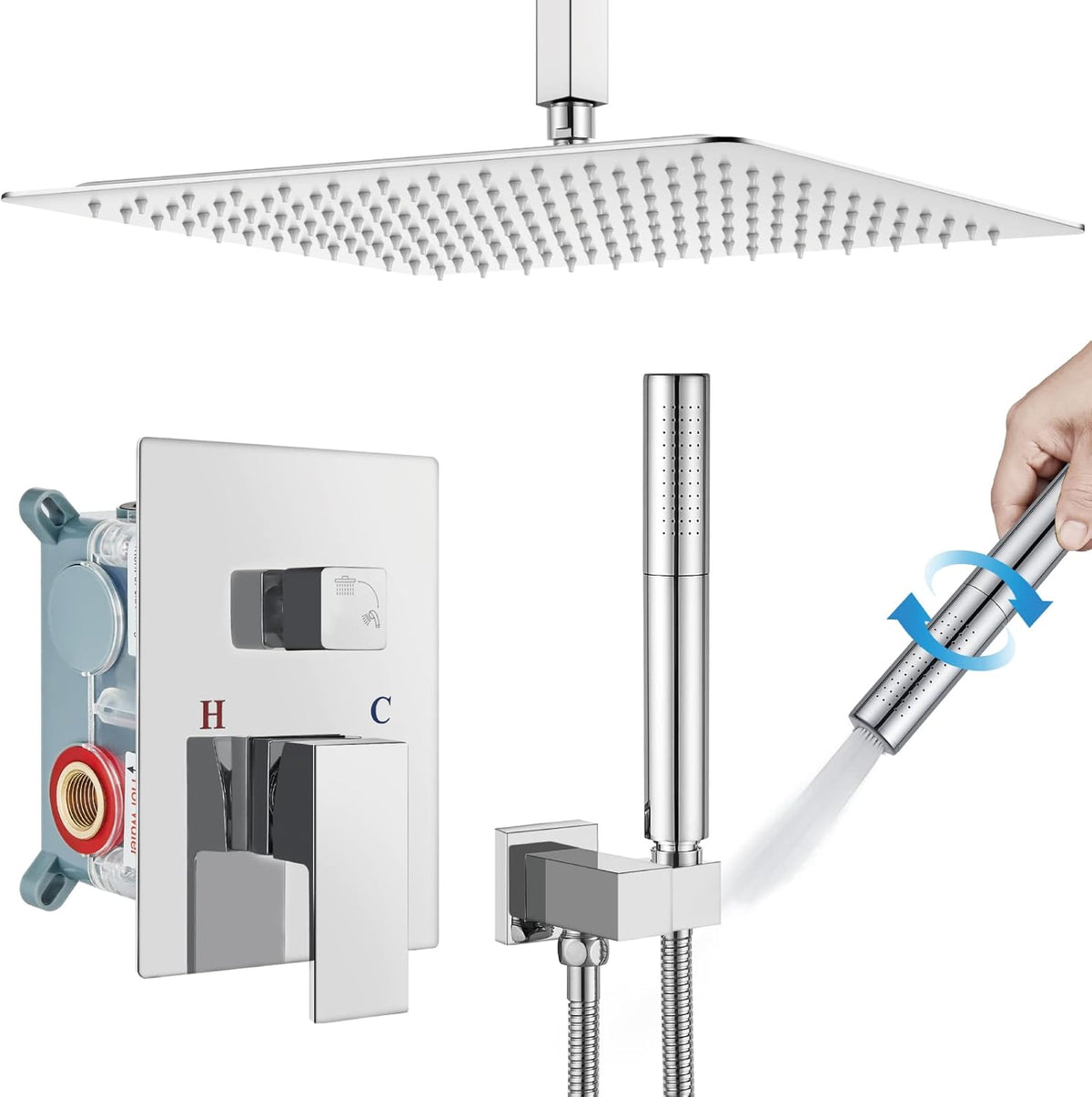 Chrome Polished 12 Inch Square Rainfall Shower System SUS304 Stainless Steel Shower Trim Kit 2 in 1 Handheld Shower with Rough-in Valve R641