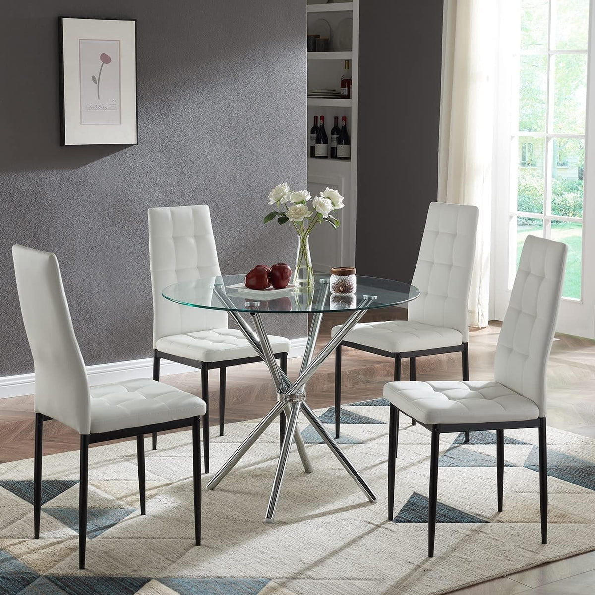 Round Glass Dining Table with Tempered Glass Top and Chrome Plated Metal Legs Y139
