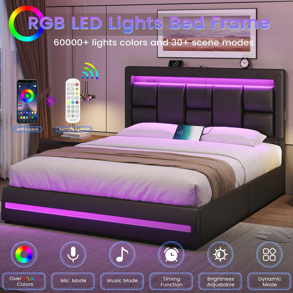 Queen Size Lift Up Storage Upholstered Platform Bed Frame with Charging Ports and LED Lights Y33100