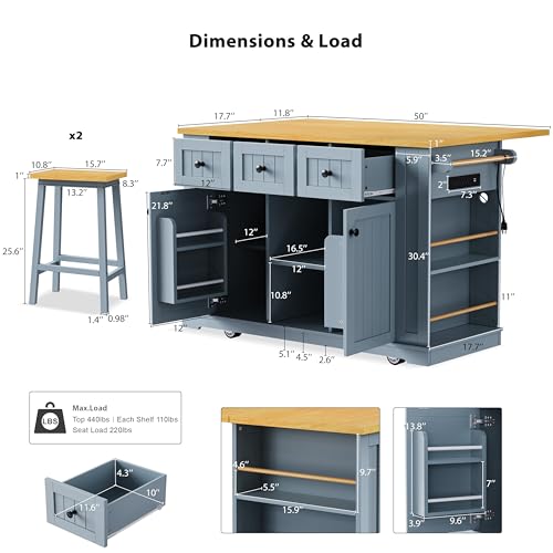 53" Rolling Kitchen Island Set with Power Outlet and Drop Leaf J574