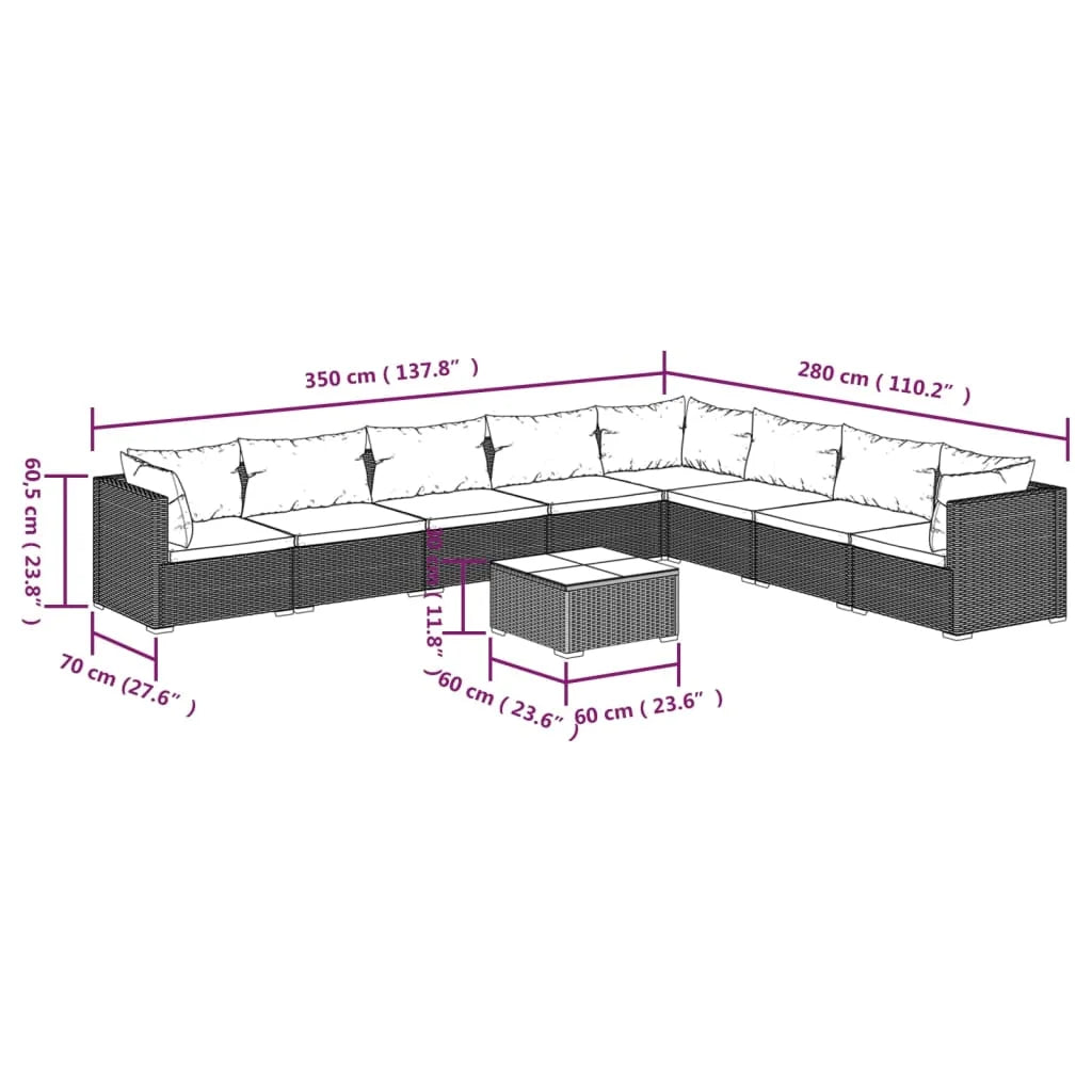9 Piece Patio Set with Cushions Poly Rattan Brown T60365