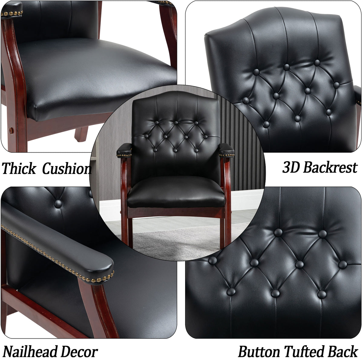 Black Leather Office Guest Chair with Padded Seat and Arms E31002
