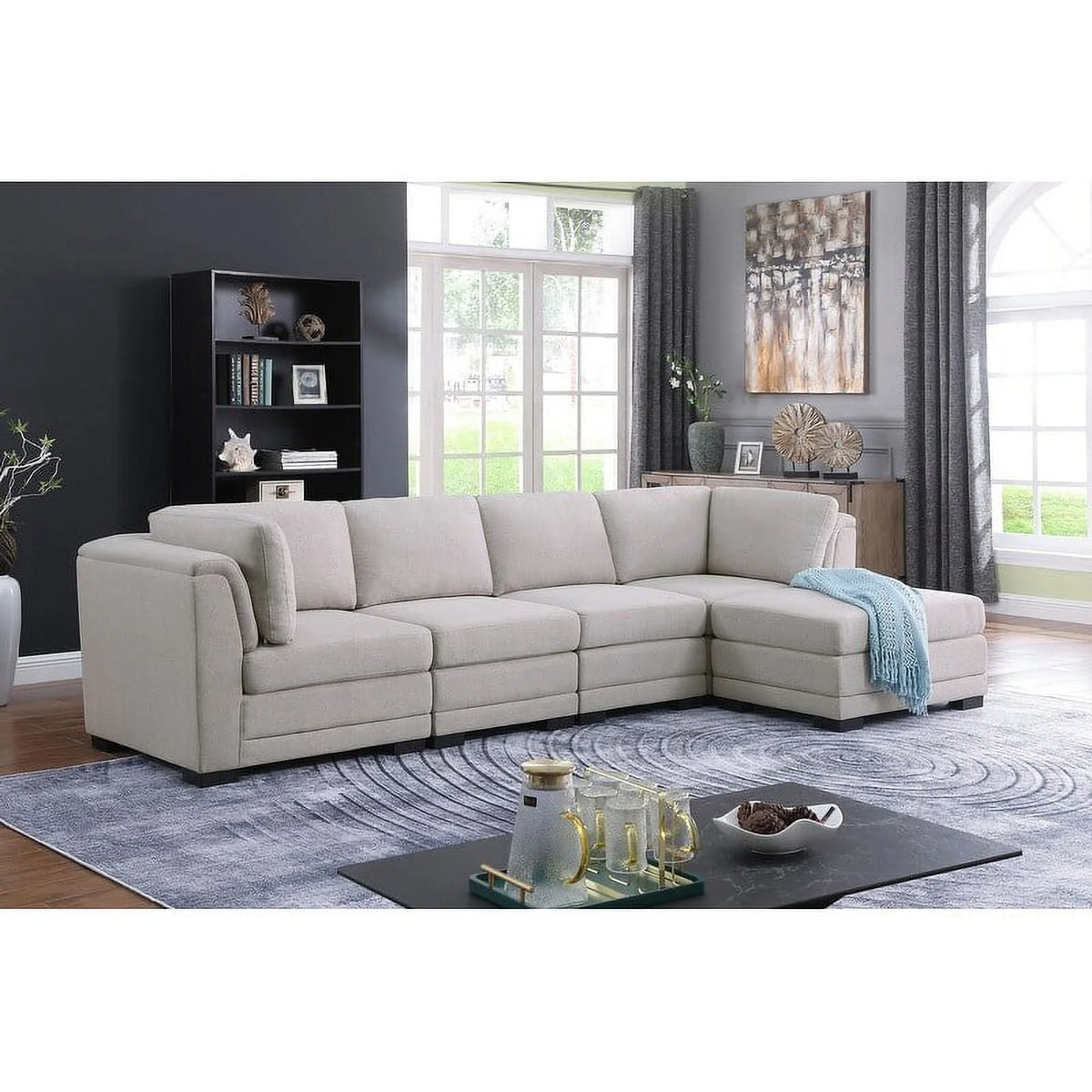 Light Gray Linen Reversible Sectional Sofa with Ottoman L716213
