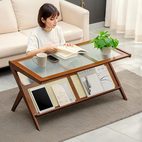 Boho Rattan Coffee Table with Glass Top & Rattan Shelf Q699