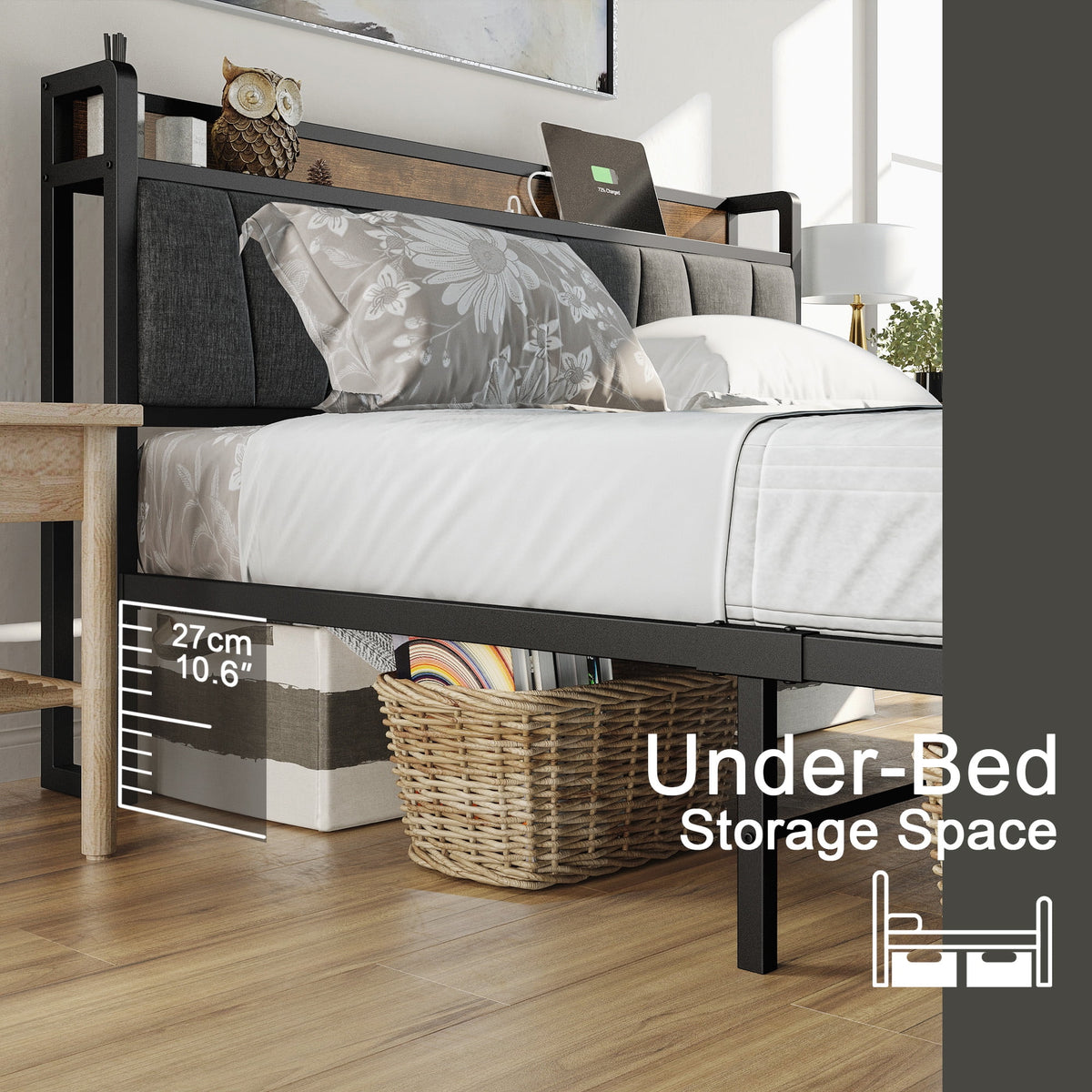 Queen Bed Frame with Storage Headboard and Charging Station Z1156