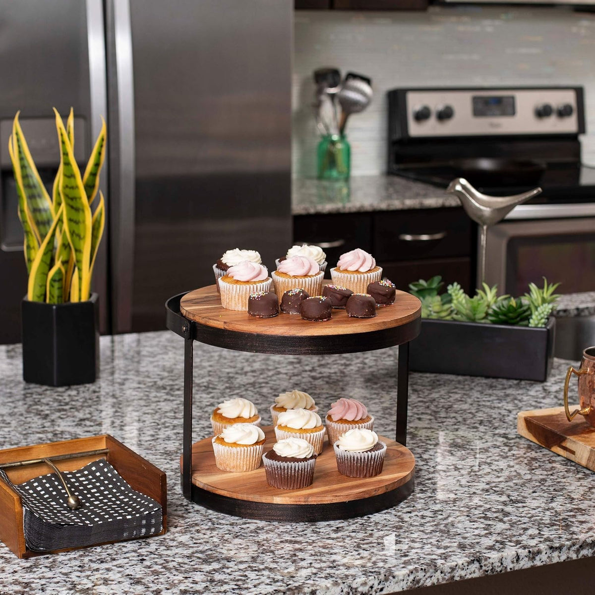 2-Tier Wood Iron Cupcake and Cake Stand with Handle M279308