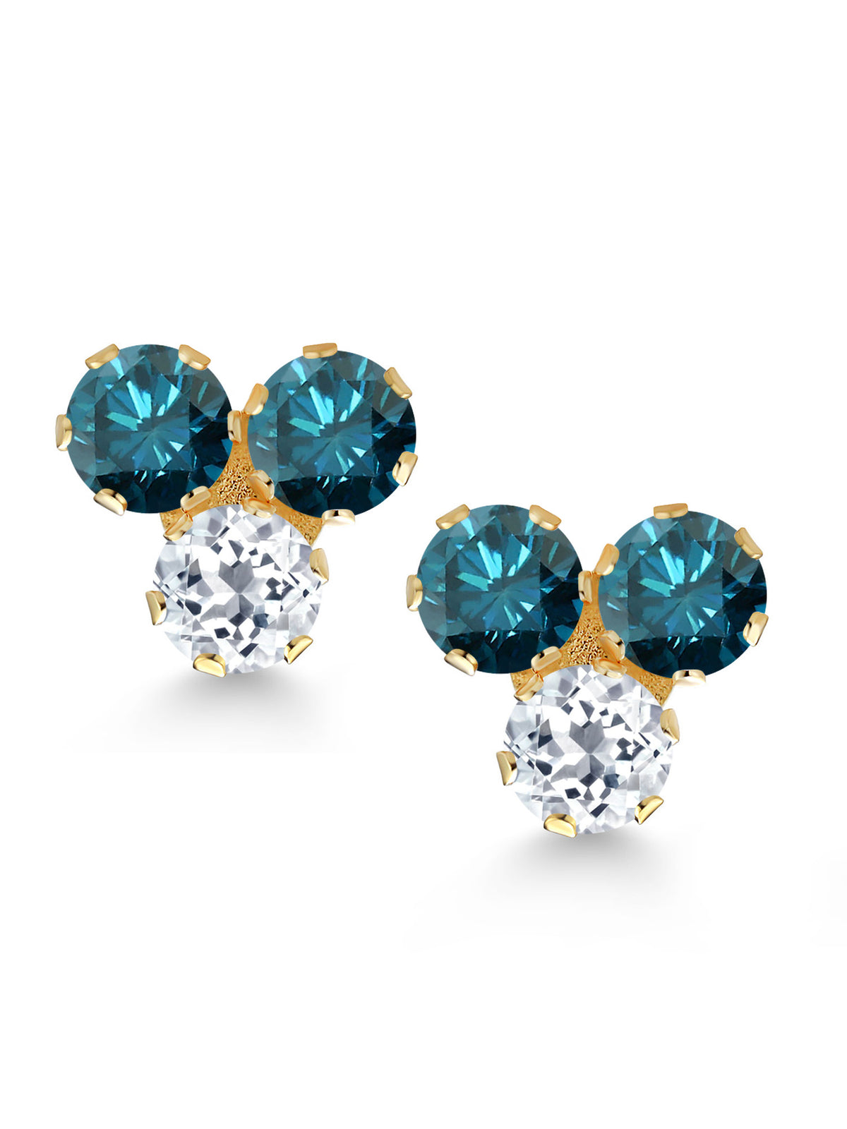 14K Yellow Gold Blue Diamond and White Topaz Three Stone Stud Earrings A731522