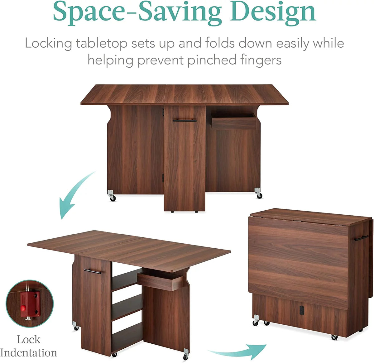 Folding Drop Leaf Dining Table with Wheels and 3 Storage Shelves Brown D32597
